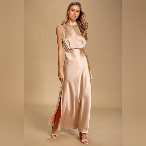Classic Elegance Blush Satin Sleeveless Mock Neck Maxi Dress - Picture 1 of 9